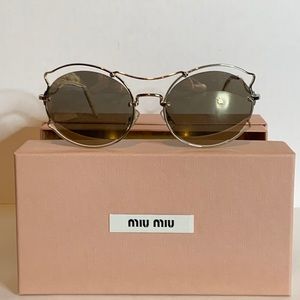 NEW IN BOX - MIU MIU MU 50SS Round Wire Rim Designer Sunglasses, Gold